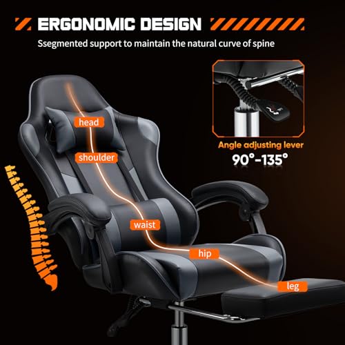 White Pink Gaming Chair with Footrest & Headrest, PU Leather Reclining Office Chair