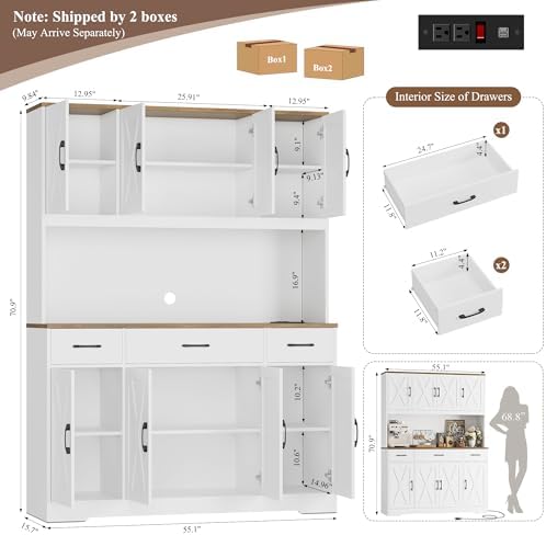 71" Tall Kitchen Pantry Storage Cabinet with Charging Station,