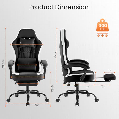 White Pink Gaming Chair with Footrest & Headrest, PU Leather Reclining Office Chair