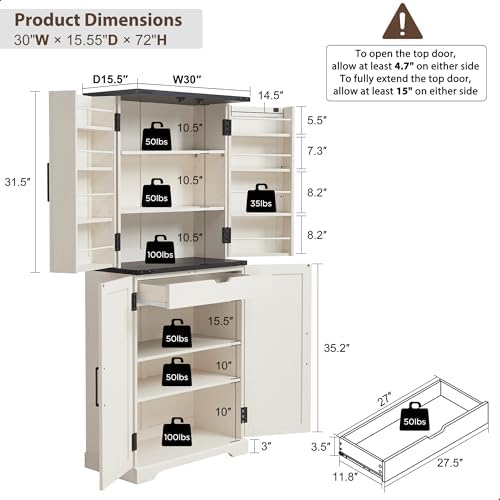 72" Tall Kitchen Pantry, Farmhouse Storage Cabinet with Barn Doors, Organizer, Drawer