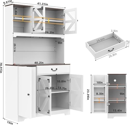 71" Pantry Cabinet, Kitchen Pantry Storage Cabinet with Charging Station, Kitchen Hutch with Countertop,