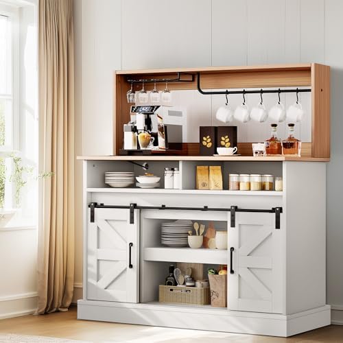 47" Coffee Bar with Goblet Holder & Power Outlet, Buffet Cabinets with Storage,