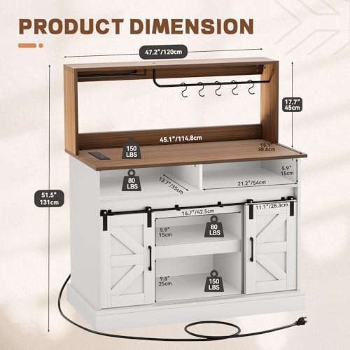47" Coffee Bar with Goblet Holder & Power Outlet, Buffet Cabinets with Storage,