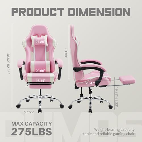 White Pink Gaming Chair with Footrest & Headrest, PU Leather Reclining Office Chair