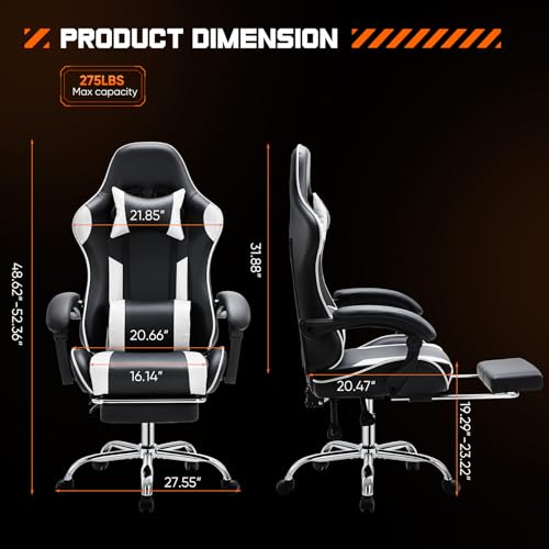White Pink Gaming Chair with Footrest & Headrest, PU Leather Reclining Office Chair