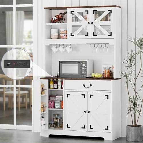 71" Pantry Cabinet, Kitchen Pantry Storage Cabinet with Charging Station, Kitchen Hutch with Countertop,