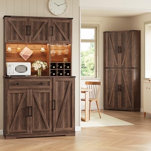 71" Pantry Cabinet, Kitchen Pantry Storage Cabinet with Outlet & LED Light, Farmhouse Kitchen