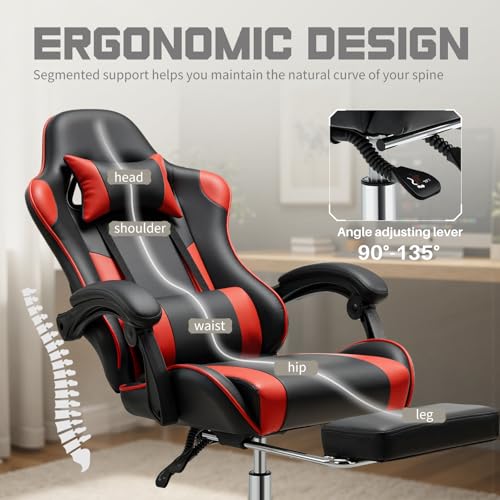 White Pink Gaming Chair with Footrest & Headrest, PU Leather Reclining Office Chair