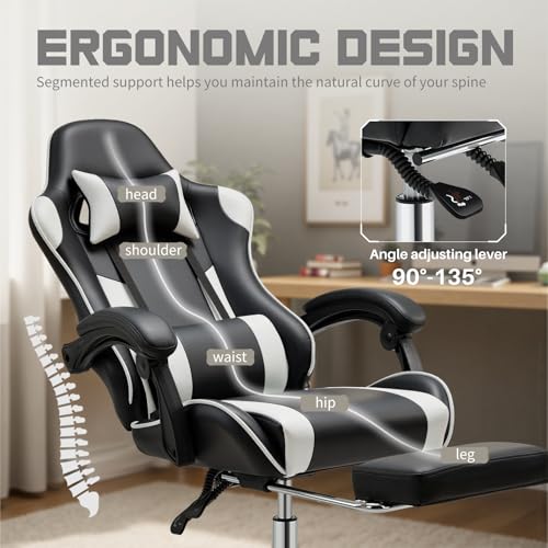 White Pink Gaming Chair with Footrest & Headrest, PU Leather Reclining Office Chair