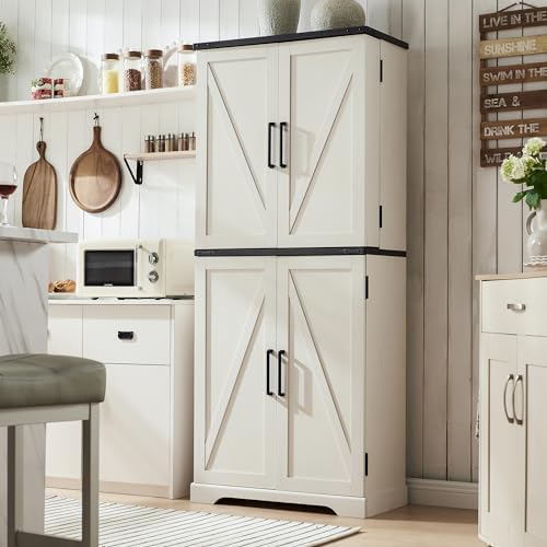 72" Tall Kitchen Pantry, Farmhouse Storage Cabinet with Barn Doors, Organizer, Drawer