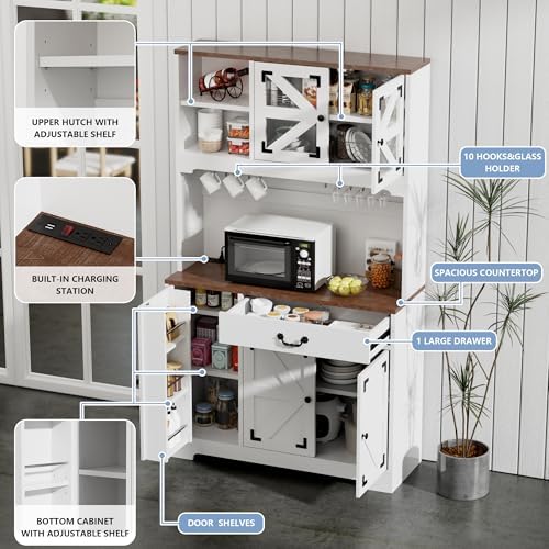 71" Pantry Cabinet, Kitchen Pantry Storage Cabinet with Charging Station, Kitchen Hutch with Countertop,