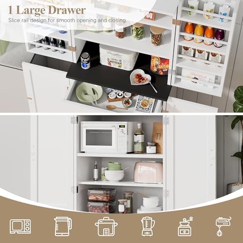 Kitchen Pantry Storage Cabinet with Barn Doors, Drawer and Adjustable Shelves,