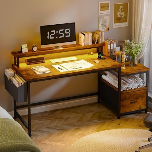 57" Office Desk with Drawers and Printer Space,Computer Desk with Power Outlets