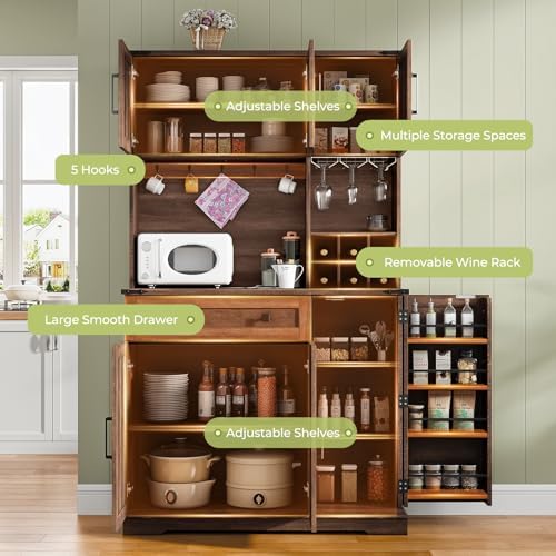 71" Pantry Cabinet, Kitchen Pantry Storage Cabinet with Outlet & LED Light, Farmhouse Kitchen