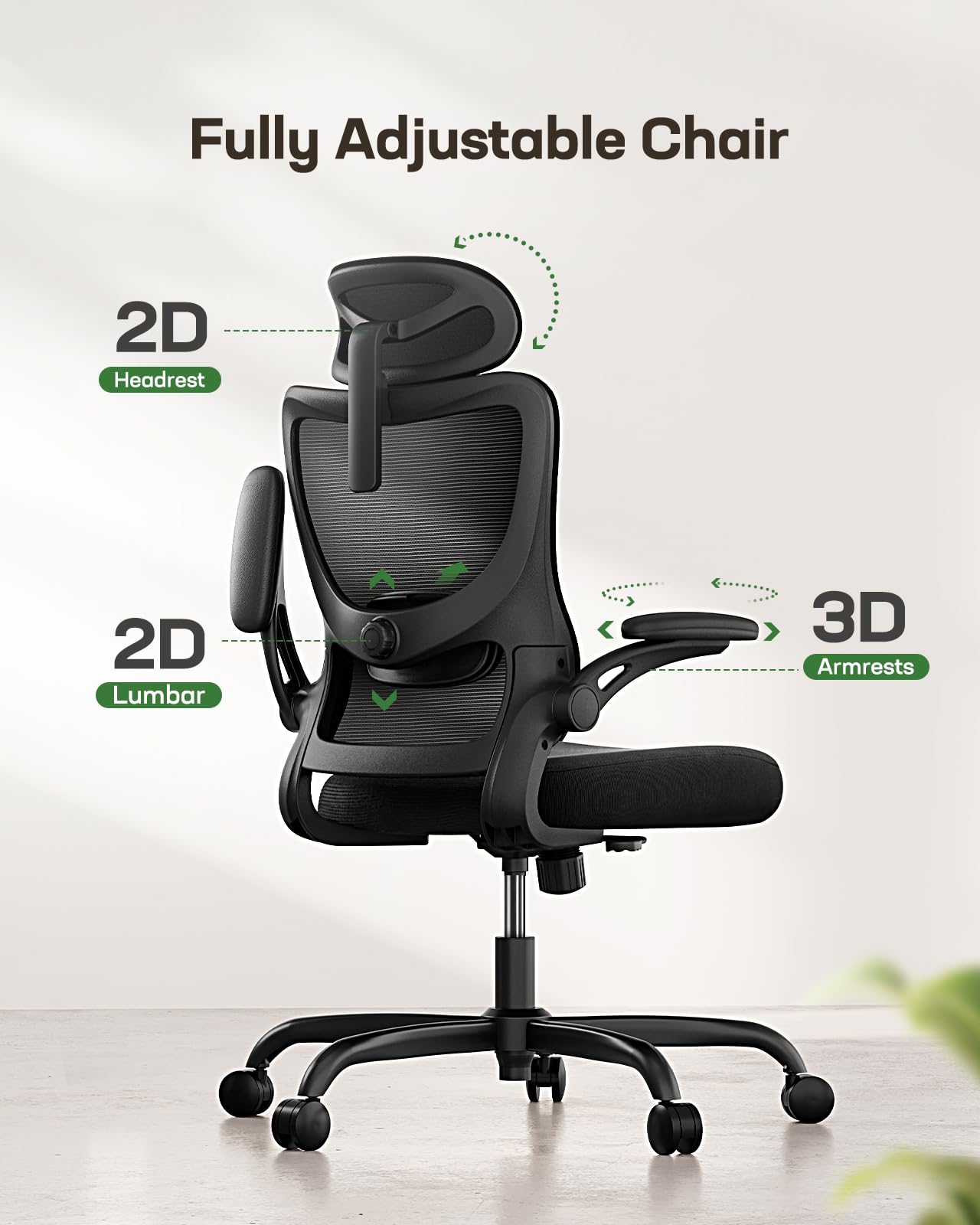 Ergonomic Office Chair with Mesh Back, Adjustable Lumbar Support, 3D Armrests & Headrest,