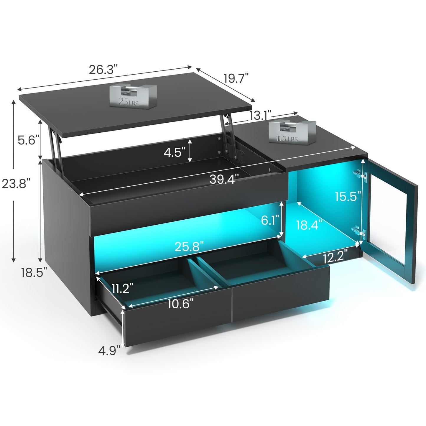 39.4" Lift Top Coffee Table with 2 Drawers, Modern LED Coffee Tables for Living Room