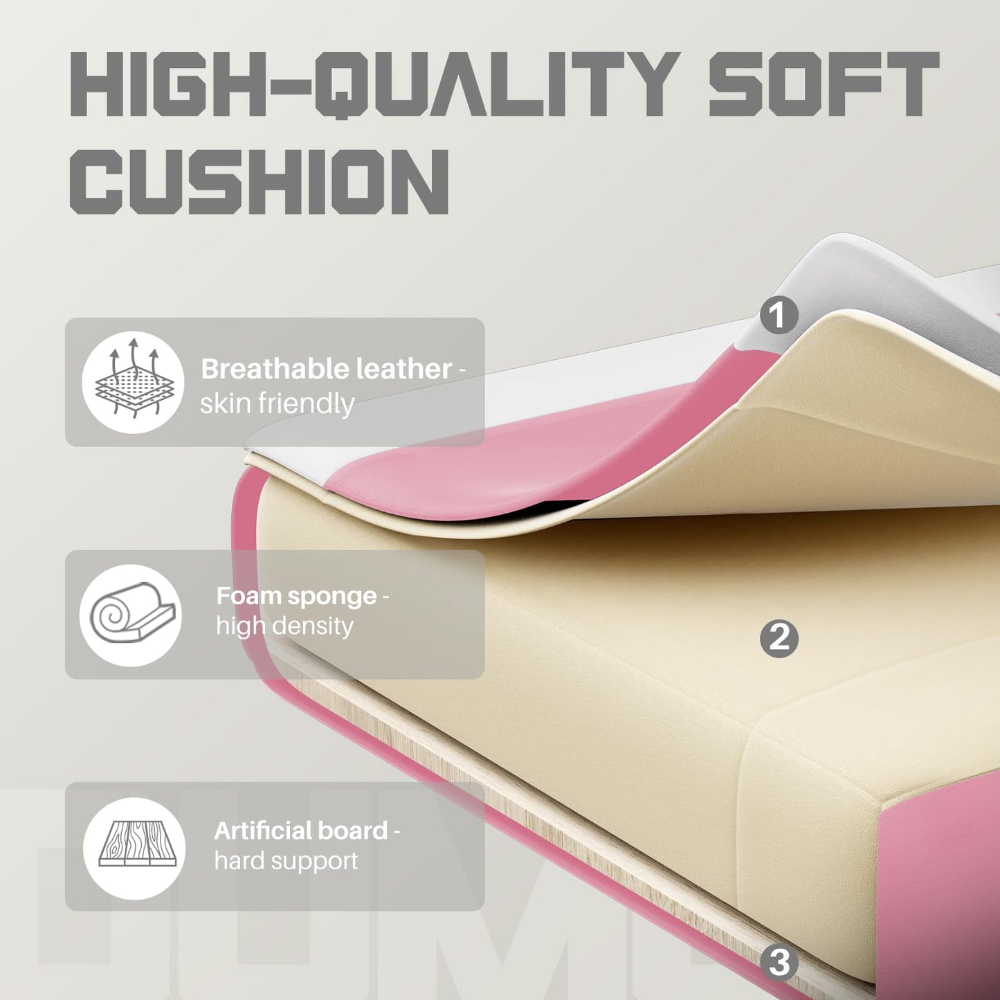 White Pink Gaming Chair with Footrest & Headrest, PU Leather Reclining Office Chair