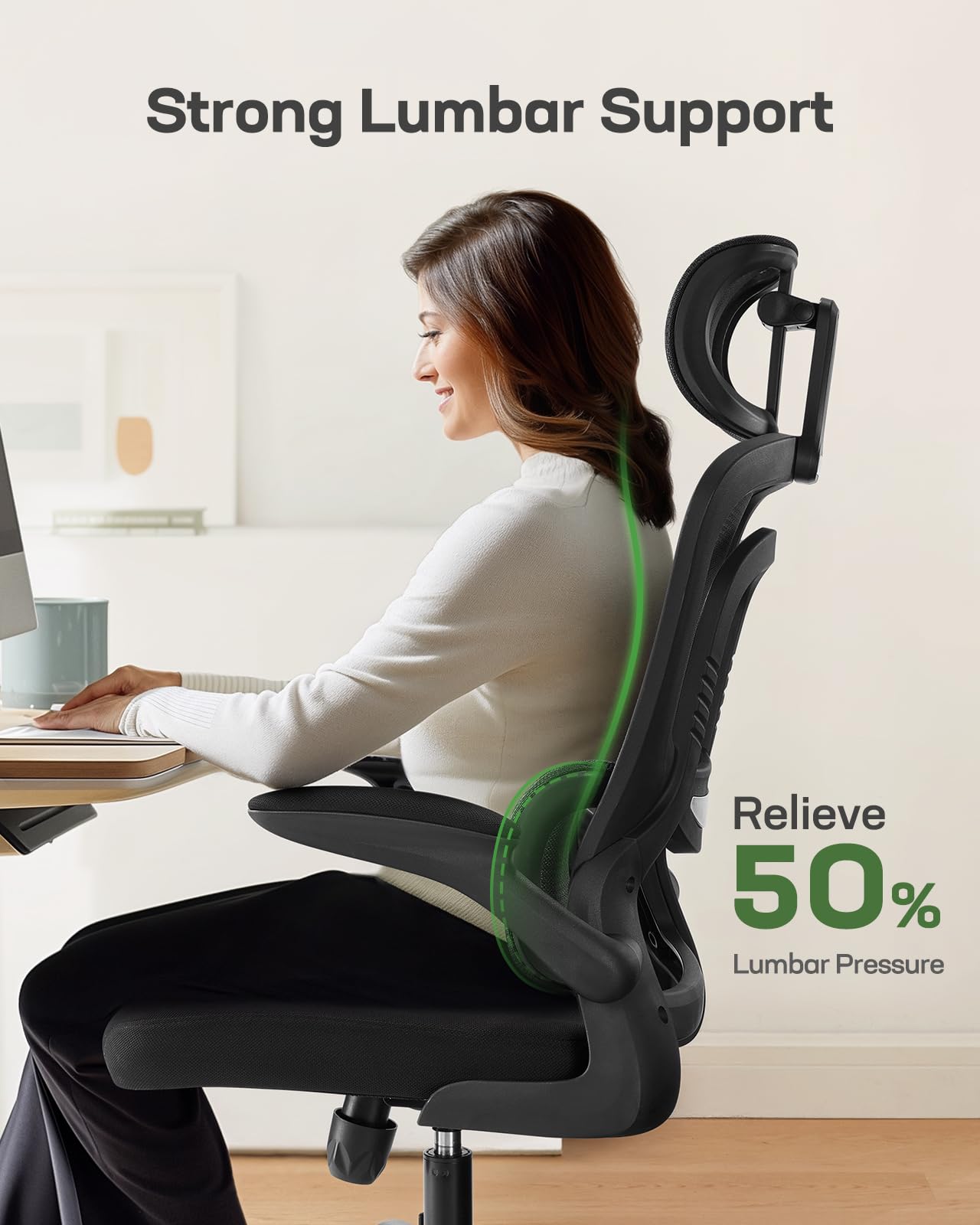 Ergonomic Office Chair with Mesh Back, Adjustable Lumbar Support, 3D Armrests & Headrest,