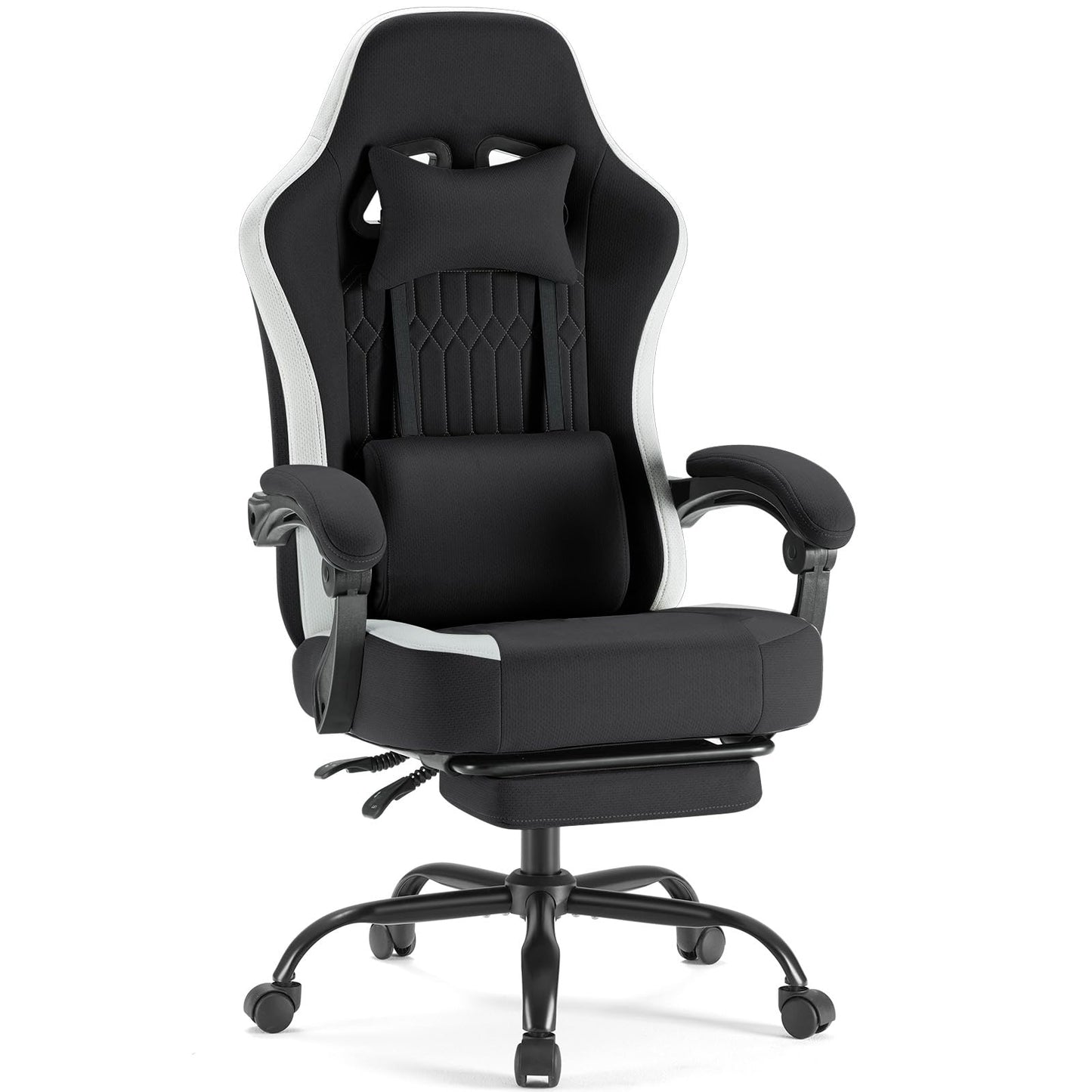 White Pink Gaming Chair with Footrest & Headrest, PU Leather Reclining Office Chair