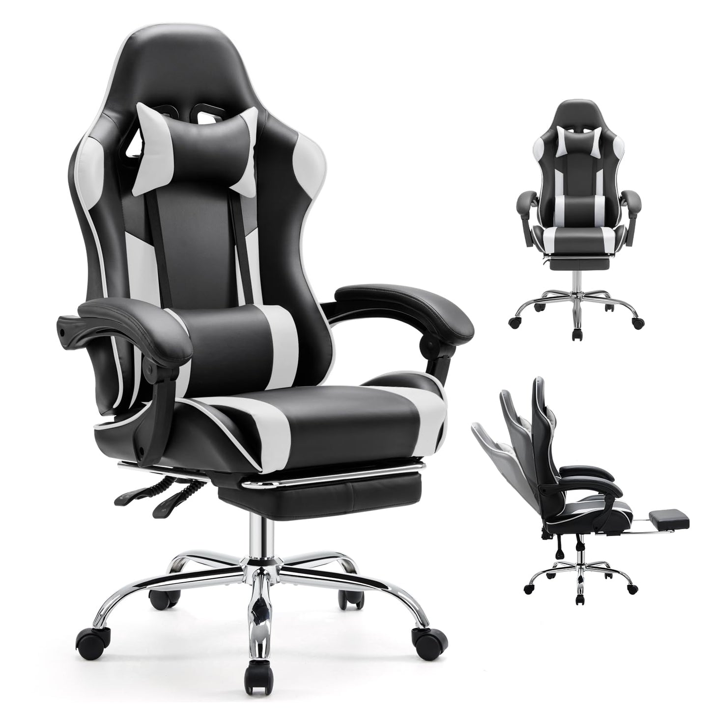 White Pink Gaming Chair with Footrest & Headrest, PU Leather Reclining Office Chair