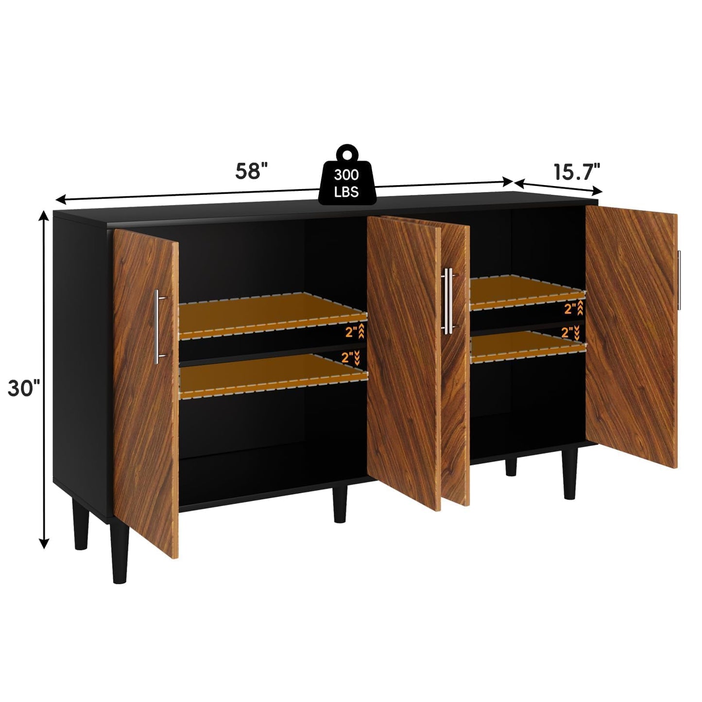 58" Coffee Bar Cabinet with Storage, Buffet Cabinet with 4 Large Doors, Storage Cabinet