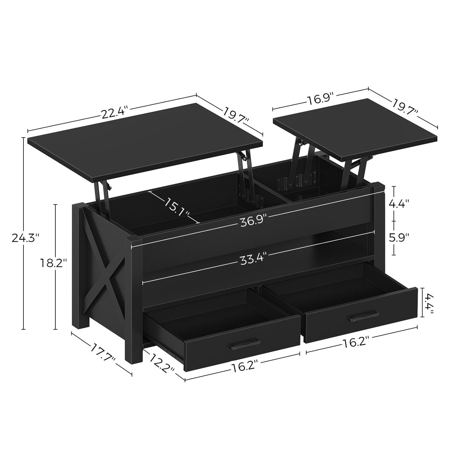 47.2" Black Lift Top Coffee Table – Farmhouse X-Frame Center Table with Hidden Storage & 2 Drawers