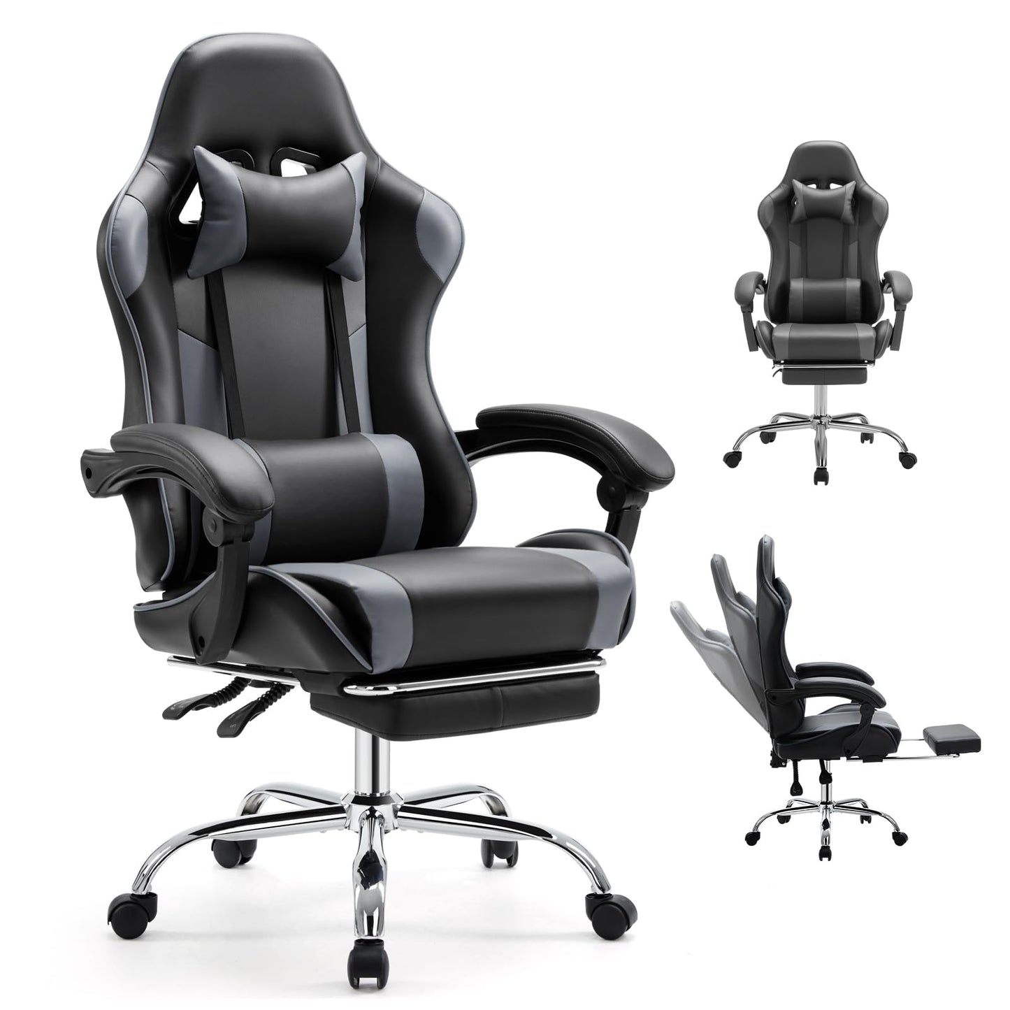 White Pink Gaming Chair with Footrest & Headrest, PU Leather Reclining Office Chair