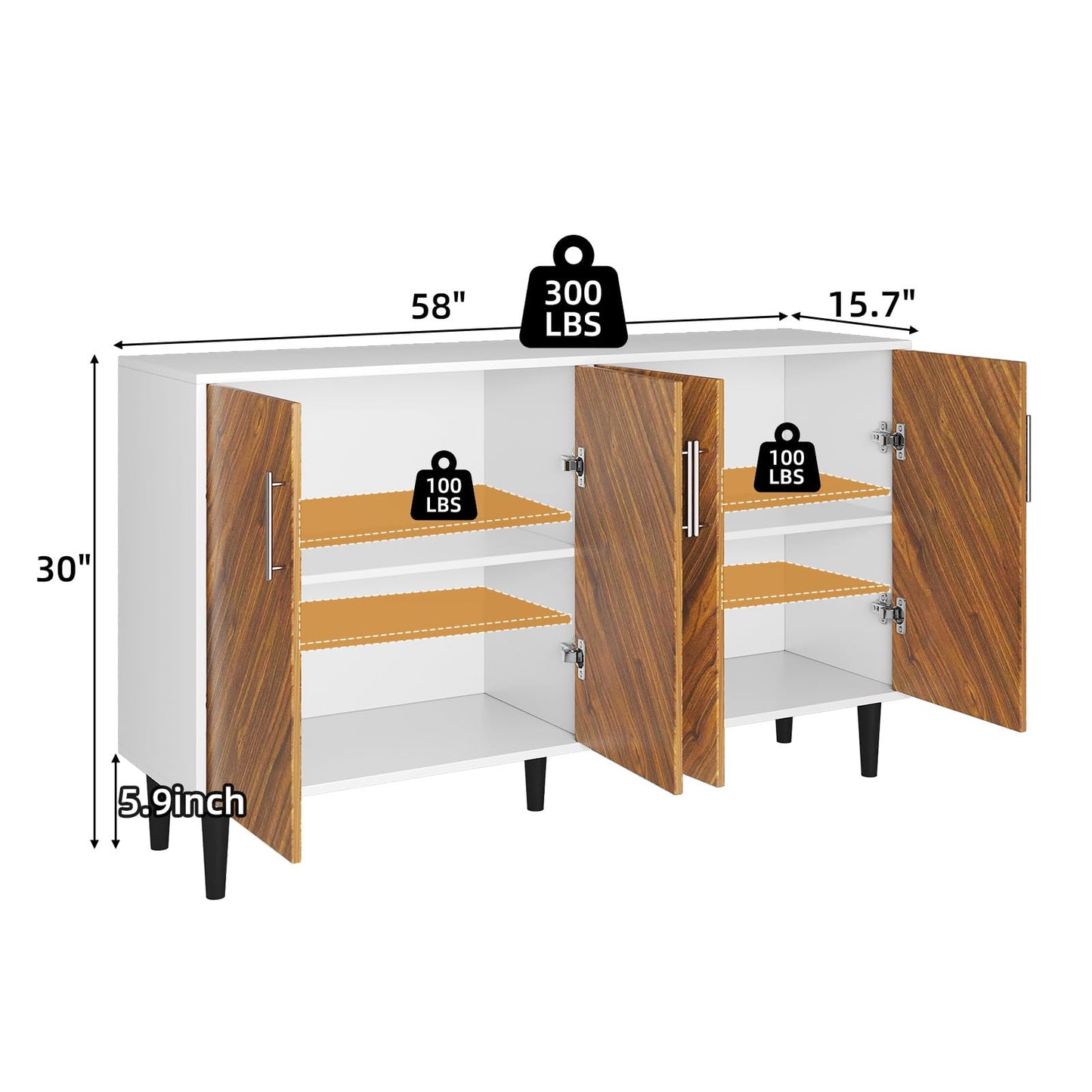 58" Coffee Bar Cabinet with Storage, Buffet Cabinet with 4 Large Doors, Storage Cabinet