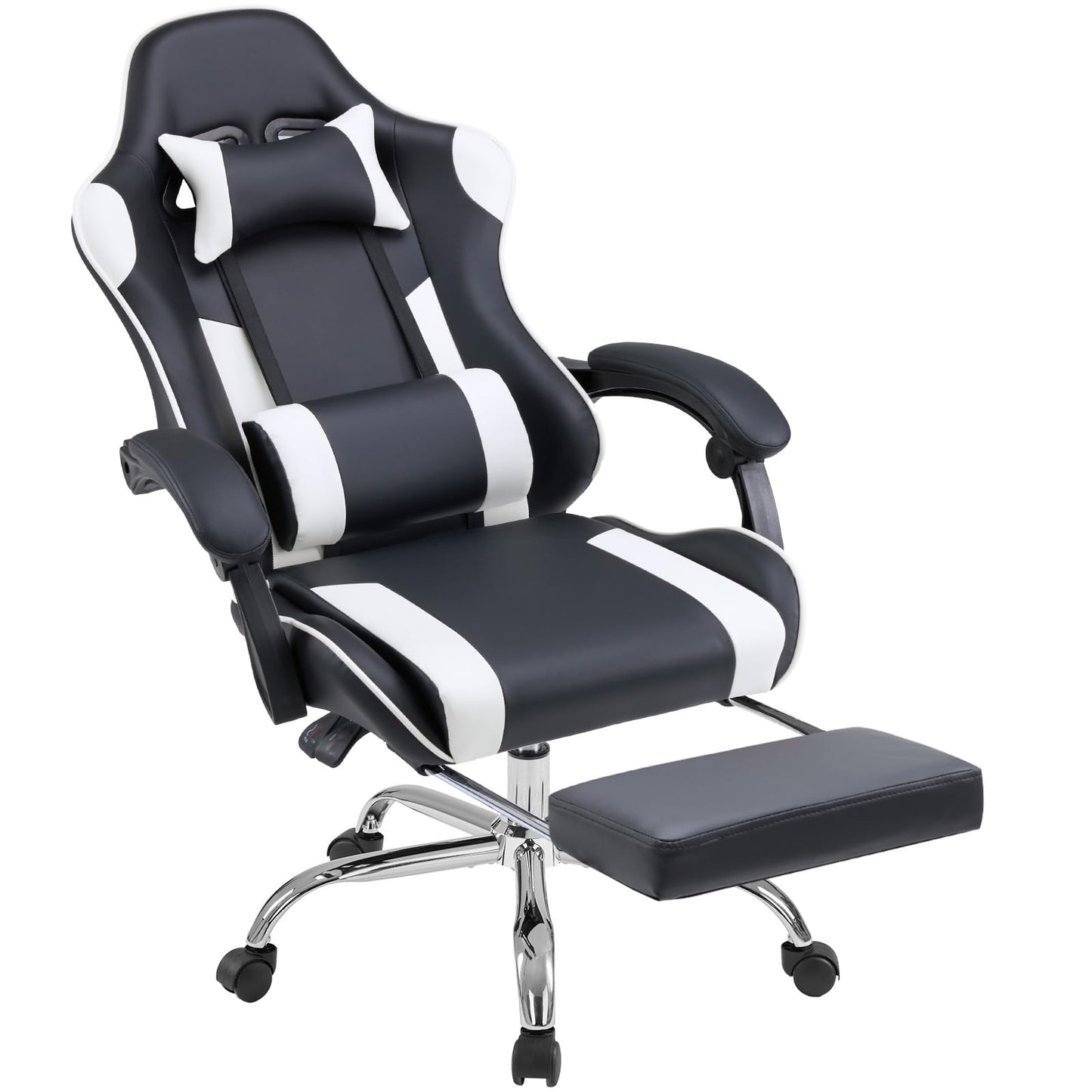 White Pink Gaming Chair with Footrest & Headrest, PU Leather Reclining Office Chair