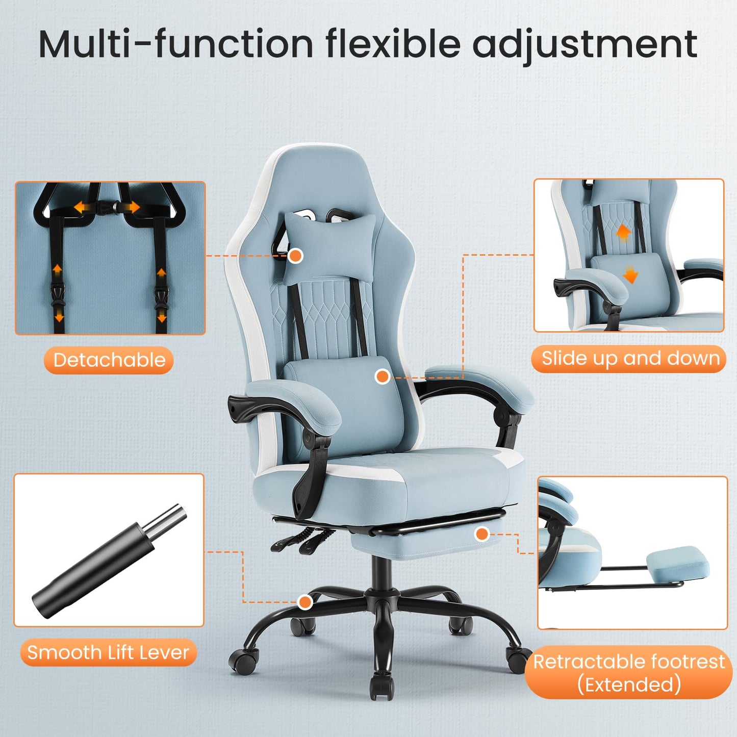 White Pink Gaming Chair with Footrest & Headrest, PU Leather Reclining Office Chair