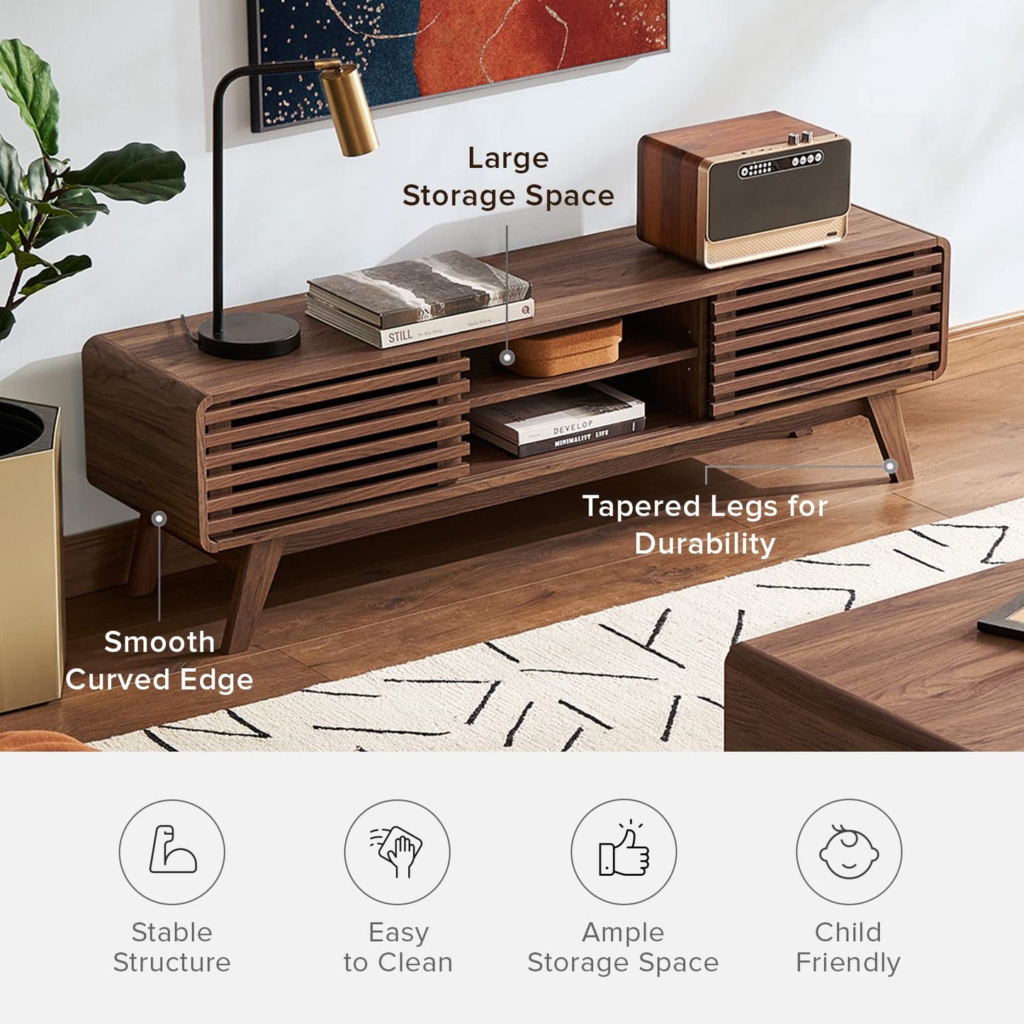 Mid-Century Modern TV Stand – 59" Walnut Entertainment Center for 55–65 Inch TVs,