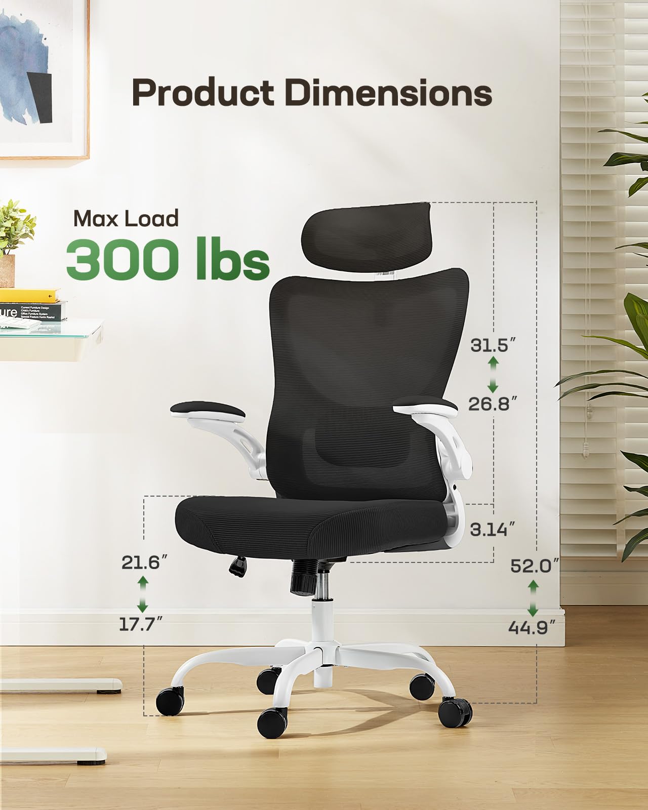 Ergonomic Office Chair with Mesh Back, Adjustable Lumbar Support, 3D Armrests & Headrest,