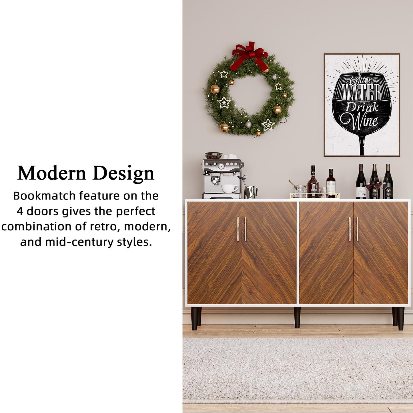 58" Coffee Bar Cabinet with Storage, Buffet Cabinet with 4 Large Doors, Storage Cabinet