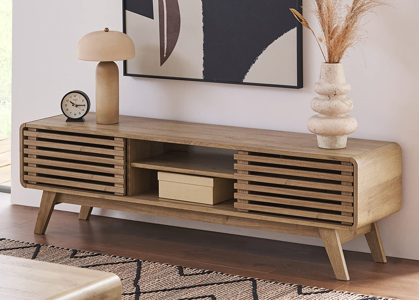 Mid-Century Modern TV Stand – 59" Walnut Entertainment Center for 55–65 Inch TVs,