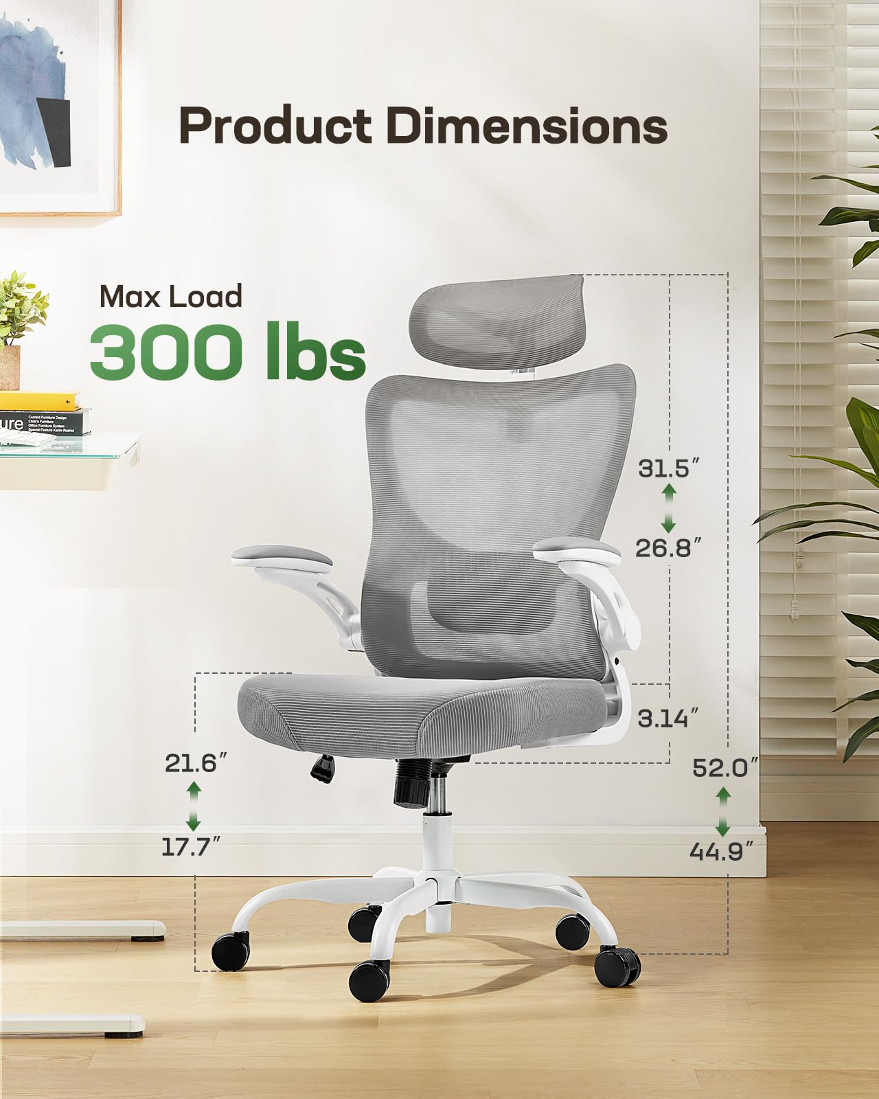 Ergonomic Office Chair with Mesh Back, Adjustable Lumbar Support, 3D Armrests & Headrest,