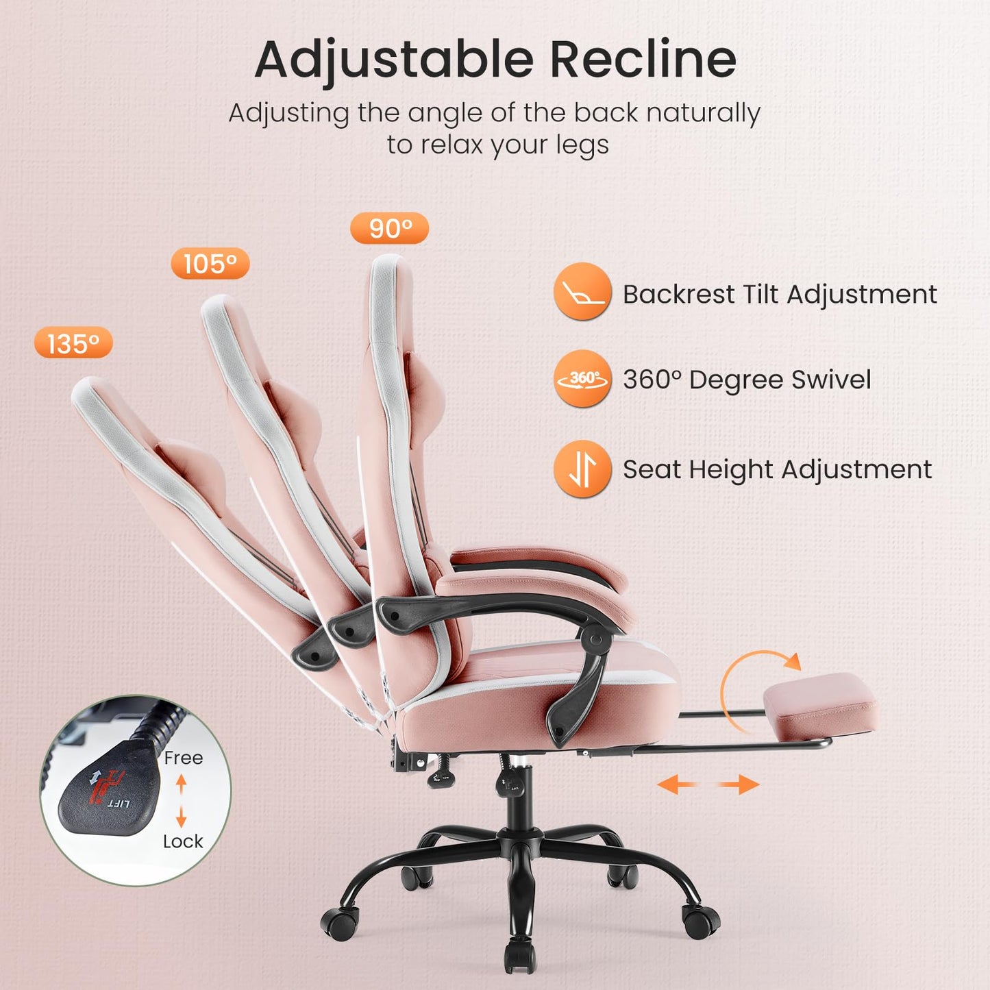 White Pink Gaming Chair with Footrest & Headrest, PU Leather Reclining Office Chair