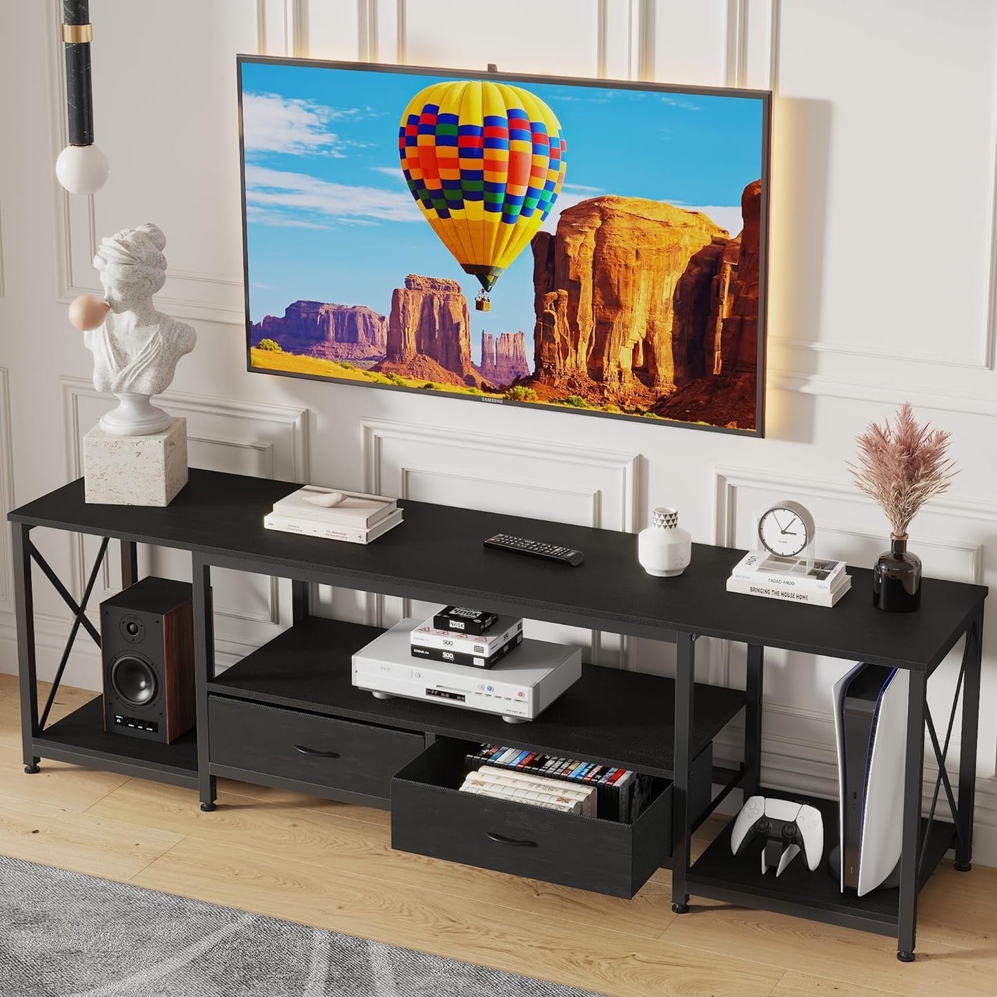 63" Rustic Brown TV Stand for 65–75 Inch TVs – Industrial Entertainment Center with Fabric Drawers