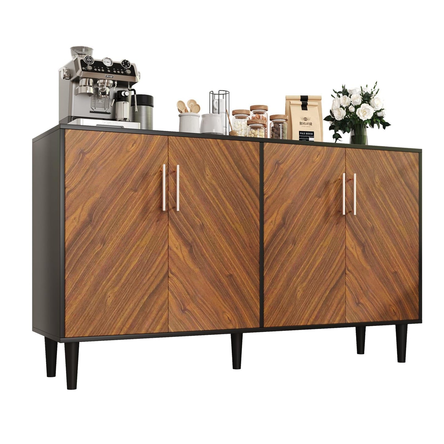 58" Coffee Bar Cabinet with Storage, Buffet Cabinet with 4 Large Doors, Storage Cabinet