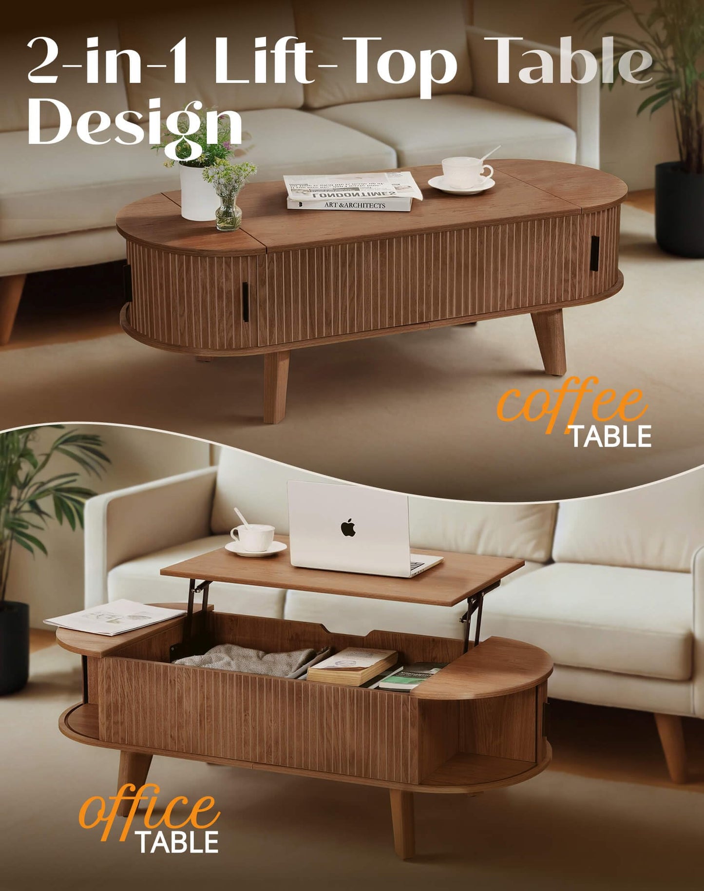 Oval Lift Top Coffee Table with Storage, 47.2" Mid Century Modern Living Room Center Table