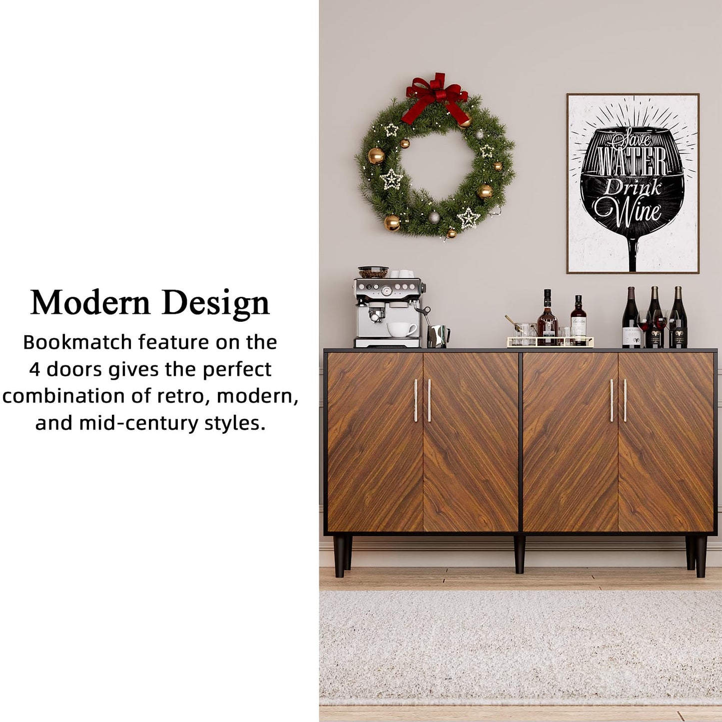 58" Coffee Bar Cabinet with Storage, Buffet Cabinet with 4 Large Doors, Storage Cabinet