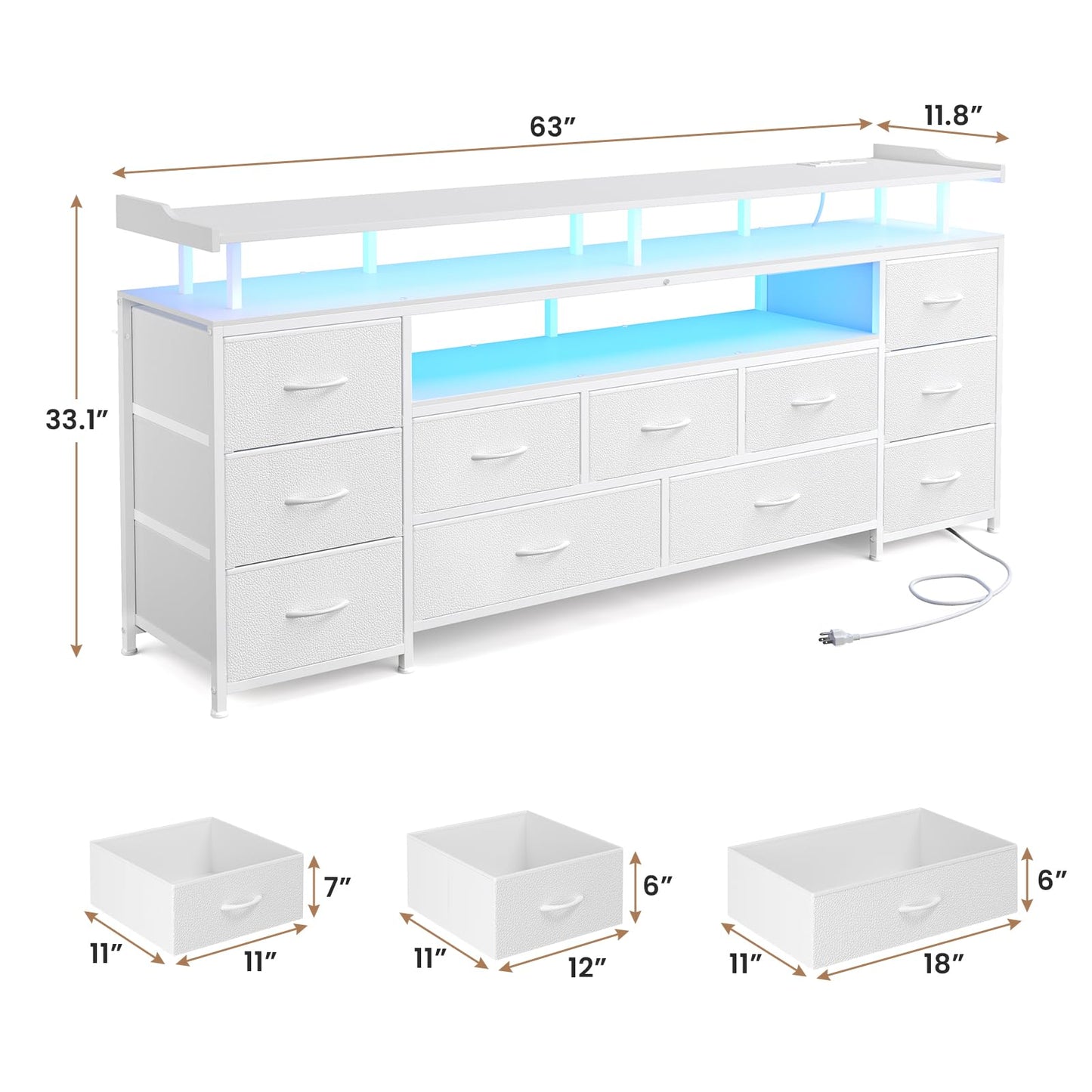 63" White TV Stand for 65 Inch TV – LED Entertainment Center with Charging Station,