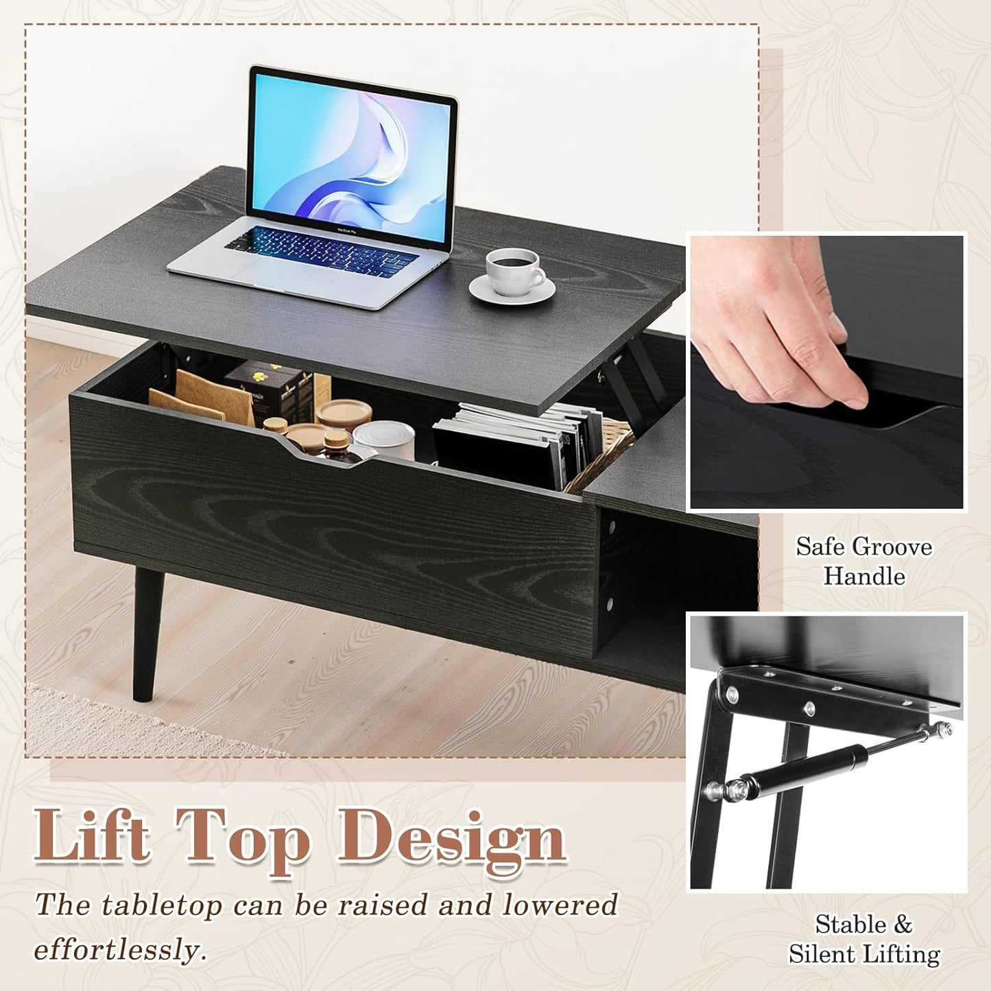 Wood Lift Top Coffee Table with Hidden Compartment and Large Storage Shelf,