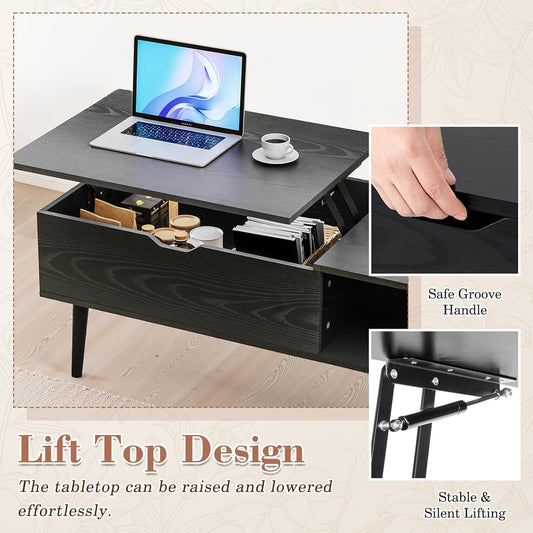 Wood Lift Top Coffee Table with Hidden Compartment and Large Storage Shelf,