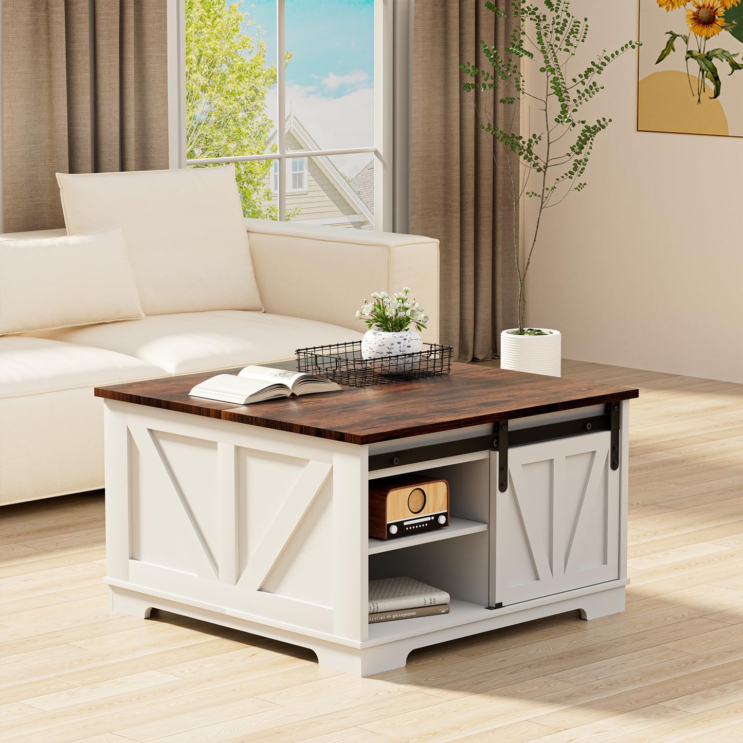 31.5" Lift Top Farmhouse Coffee Table โ Square Center Table with Hidden Storage,