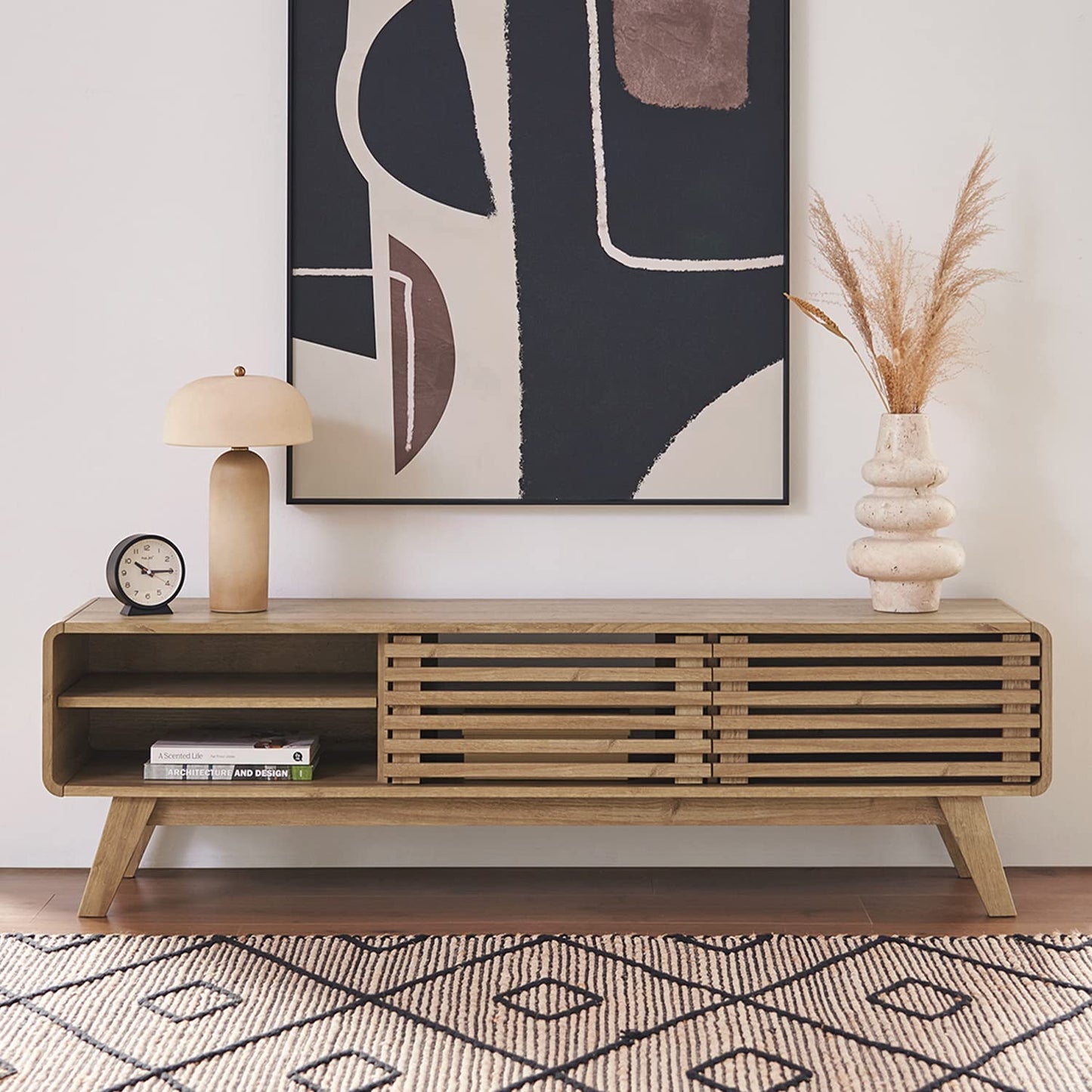 Mid-Century Modern TV Stand – 59" Walnut Entertainment Center for 55–65 Inch TVs,