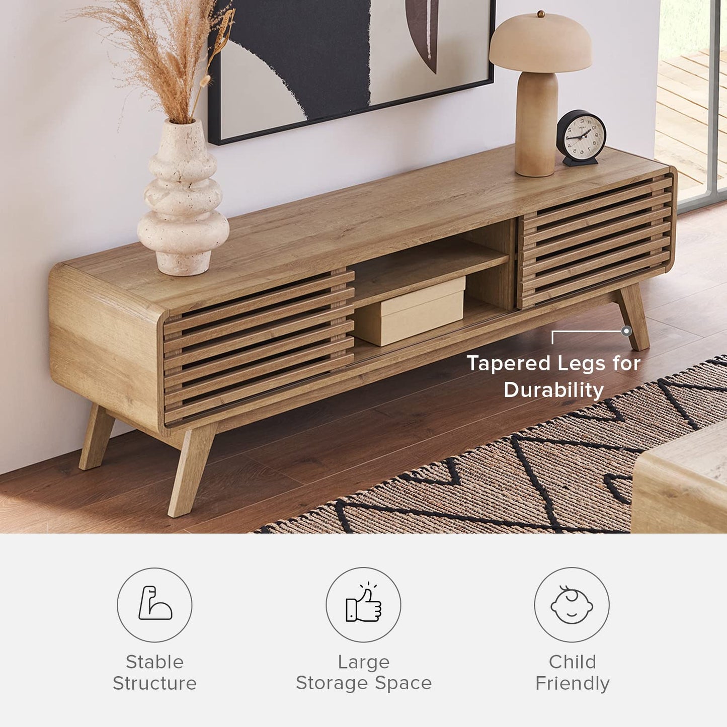 Mid-Century Modern TV Stand – 59" Walnut Entertainment Center for 55–65 Inch TVs,