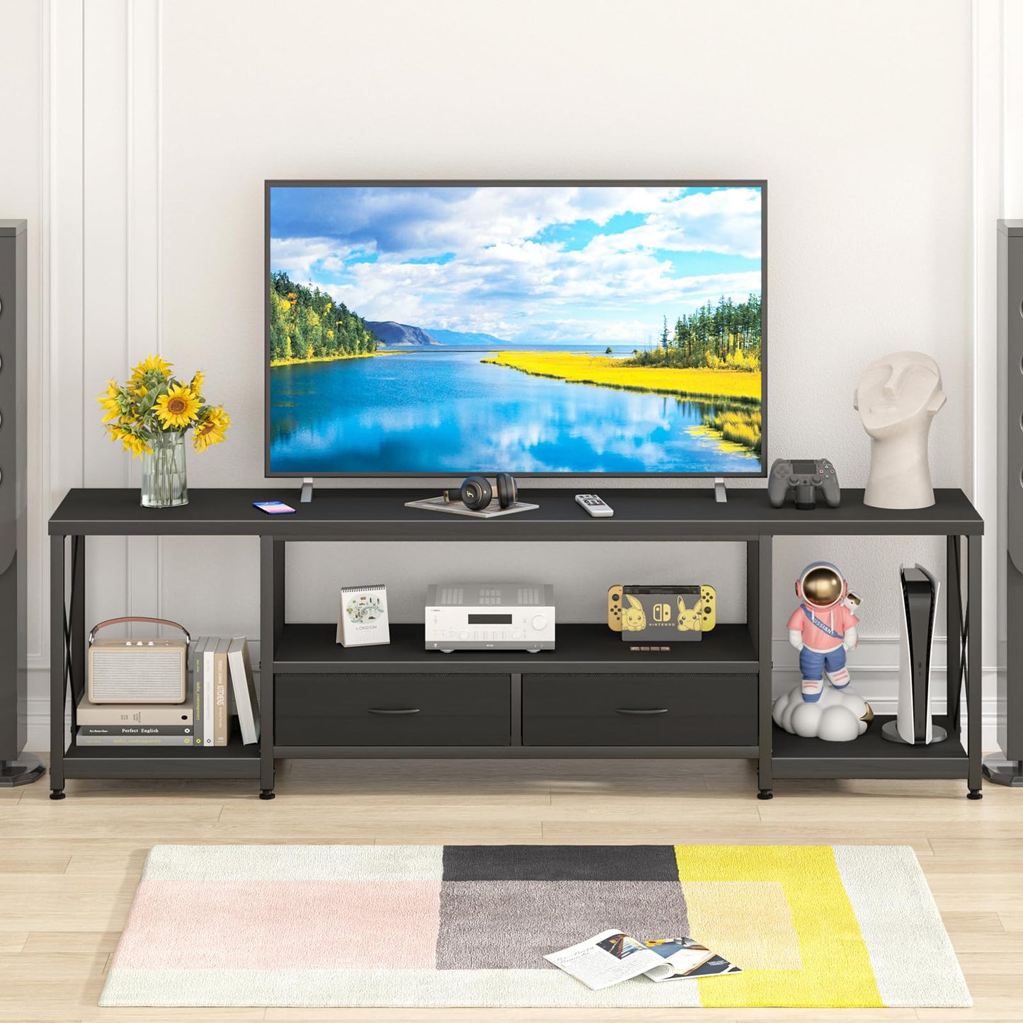 63" Rustic Brown TV Stand for 65–75 Inch TVs – Industrial Entertainment Center with Fabric Drawers