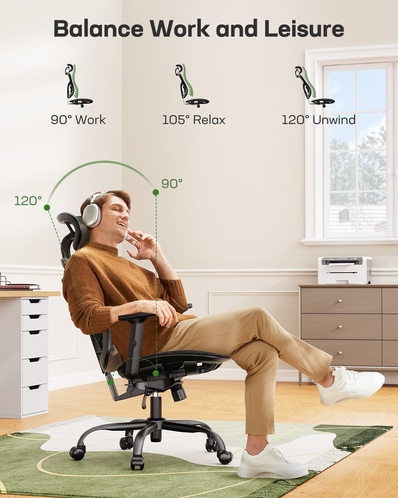 Ergonomic Office Chair with Mesh Back, Adjustable Lumbar Support, 3D Armrests & Headrest,