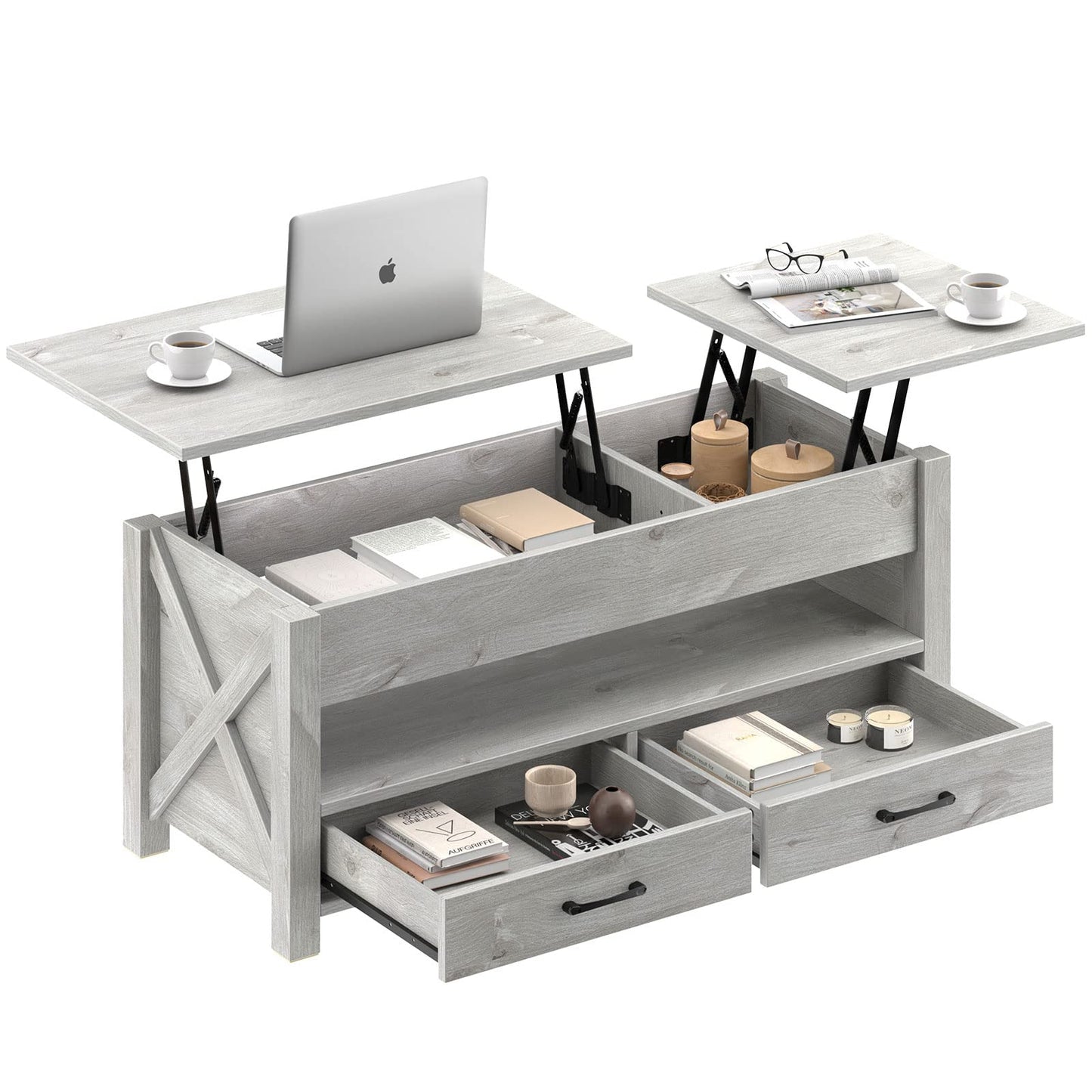 47.2" Black Lift Top Coffee Table – Farmhouse X-Frame Center Table with Hidden Storage & 2 Drawers