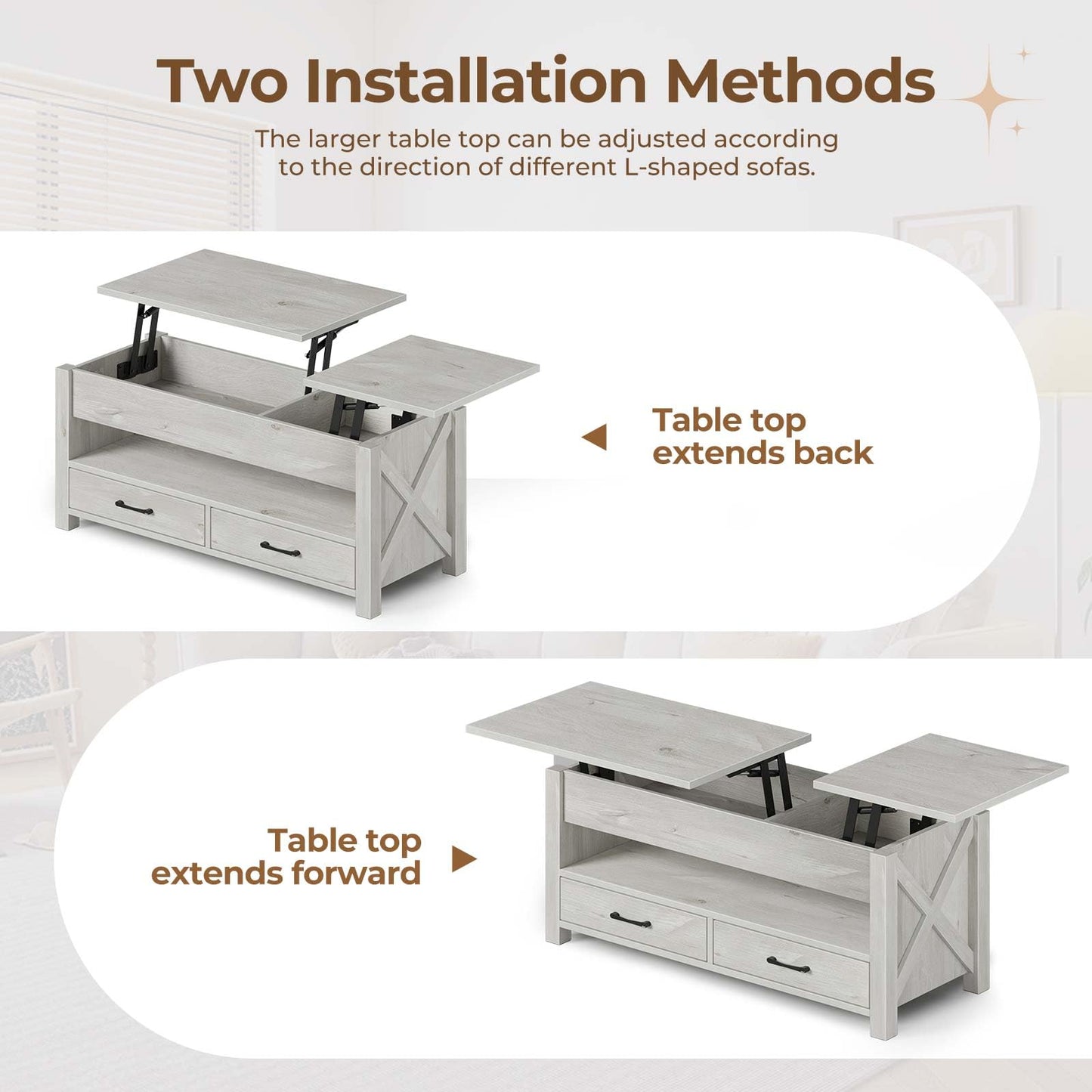 47.2" Black Lift Top Coffee Table – Farmhouse X-Frame Center Table with Hidden Storage & 2 Drawers